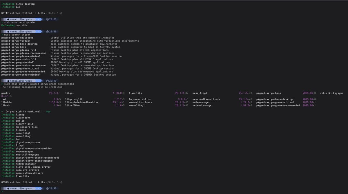 AerynOS_Linux's tweet image. Pictorial of how to transition from the default repo in our Gnome 25.03 iso to the new CDN accelerated repo and then to install an appropriate pkgset.

Oh and screenshots taken from within virt-manager which is now working on AerynOS!!

#AerynOS #Linux #virtmanager
