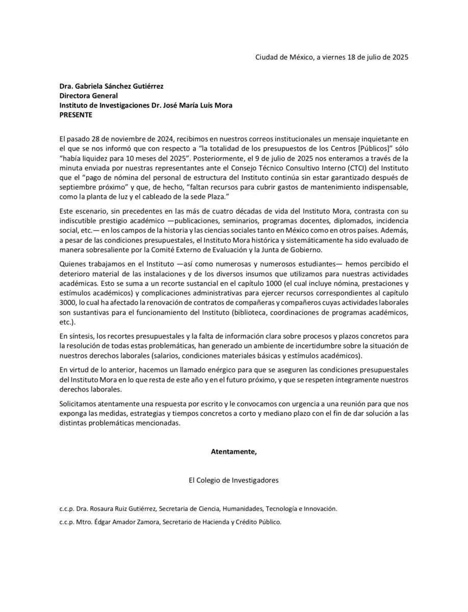Soy maestro por el Mora. Sin duda, es uno de los mejores centros de investigación en humanidades y ciencias sociales en México. No es justo que su personal esté en una situación económica tan endeble. Mi solidaridad y apoyo a sus académicos, estudiantes y trabajadores.
