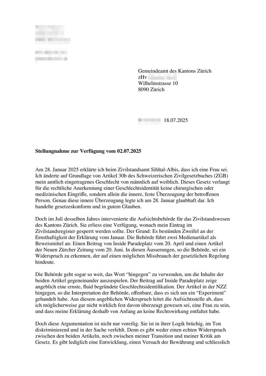 Barbouille 🙃 (@barbouillech) on Twitter photo Meine Stellungnahme an das Gemeindeamt des <a href="/KantonZuerich/">Kanton Zürich</a>.
Was sich die Behörden erlauben, ist reine Frechheit: Ich werde diskriminiert und jetzt muss ICH mich verteidigen?!?
"Ich habe das Gesetz ernst genommen. Nun ist es an der Zeit, dass der Staat es auch tut."
1/n Meine Stellungnahme an das Gemeindeamt des <a href="/KantonZuerich/">Kanton Zürich</a>.
Was sich die Behörden erlauben, ist reine Frechheit: Ich werde diskriminiert und jetzt muss ICH mich verteidigen?!?
"Ich habe das Gesetz ernst genommen. Nun ist es an der Zeit, dass der Staat es auch tut."
1/n