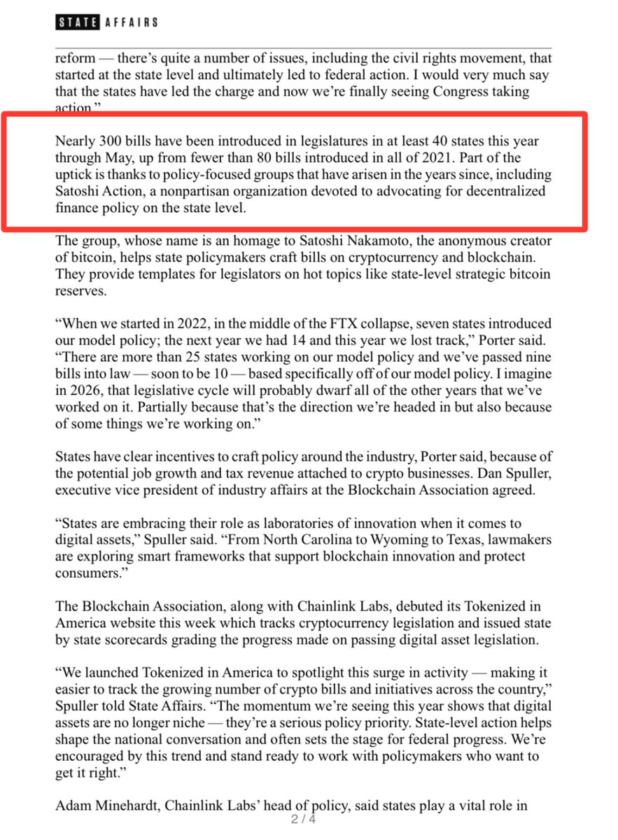 “Nearly 300 bills have been introduced in legislatures in at least 40 states this year through May, up from fewer than 80 bills introduced in all of 2021. Part of the uptick is thanks to policy-focused groups that have arisen in the years since, including Satoshi Action.”