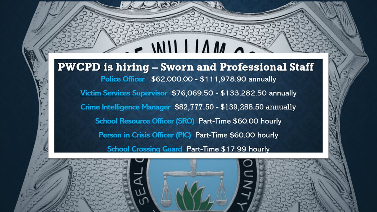 PWCPolice's tweet image. #JoinPWCPD for an exciting #career that serves our community. Apply today as a Victim Services Supervisor, Crime Intelligence #Manager, Police Officer, Part-time Person in Crisis Officer, Part-time Person #SRO or Part-time School #CrossingGuard. Visit: JoinPWCPD.org
