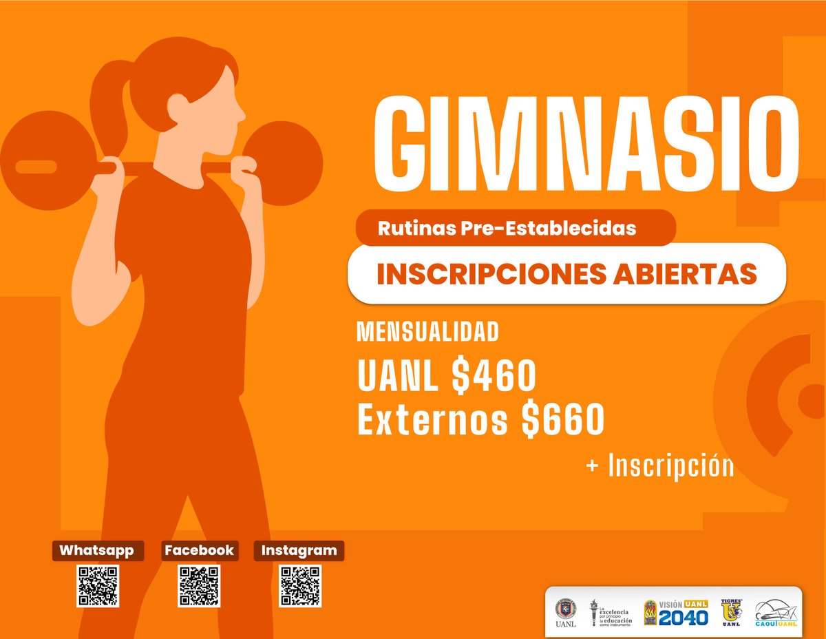 Hazte miembro del Gimnasio del <a href="/CAOU_UANL/">CAOU UANL</a> 🐯🏋️‍♂️ y comienza un nuevo estilo de vida, cuidando tu salud ❤️ y ejercitando cuerpo 🏃‍♀️ y mente 🧠. ¡Aquí está el cambio que buscas! 🤩

Informes
📱 wa.me/message/ZER5WK…
📞 8329 4000 Extensiones 1408 y 1417
📧 centro.acuatico@uanl.mx