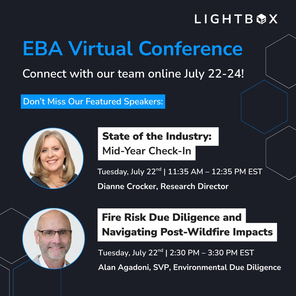 The EBA Virtual Conference is happening soon! The <a href="/LightBoxRE/">LightBox</a> team is proud to be in attendance and excited to connect with you virtually from July 22 to 24.

This year, LightBox Research Director Dianne Crocker will be speaking on the State of the Industry on Tuesday, July 22 at