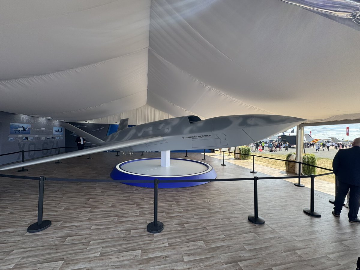 nicholadrummond's tweet image. A fantastic day at RIAT today. Most enjoyable. Most interesting thing I saw wasn’t flying… yet. It was @GeneralAtomics RQ-42 collaborative combat aircraft (loyal wingman). Artificial General Intelligence (AGI) is needed to make this work. According to GA this is two years away.