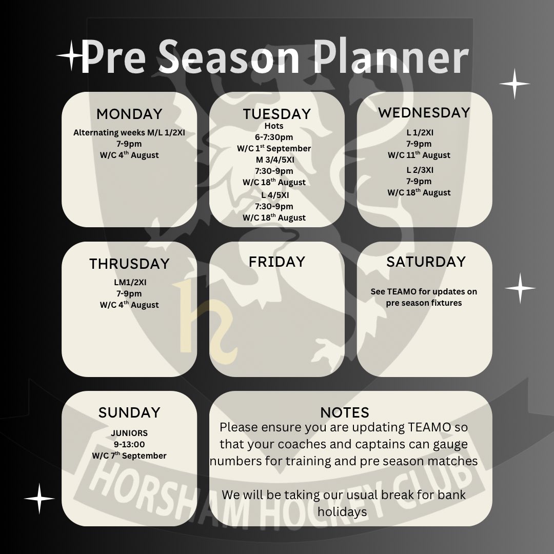 Horsham Hockey Club (@horshamhc) on Twitter photo Pre season is just around the corner. Please get the dates in your diaries and be sure to update Teamo.
#upthesham #preseason #wegoagain Pre season is just around the corner. Please get the dates in your diaries and be sure to update Teamo.
#upthesham #preseason #wegoagain