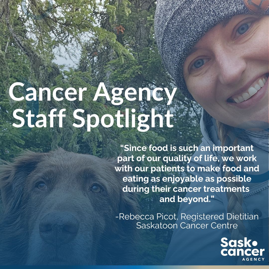 SaskCancer's tweet image. Rebecca Picot is proud to be a Registered Dietitian at the Saskatoon Cancer Centre. One of the most rewarding parts of her job is receiving positive feedback from patients who find their nutrition discussions and advice helpful. 
#CancerCare #StaffProfile #RegisteredDietitians