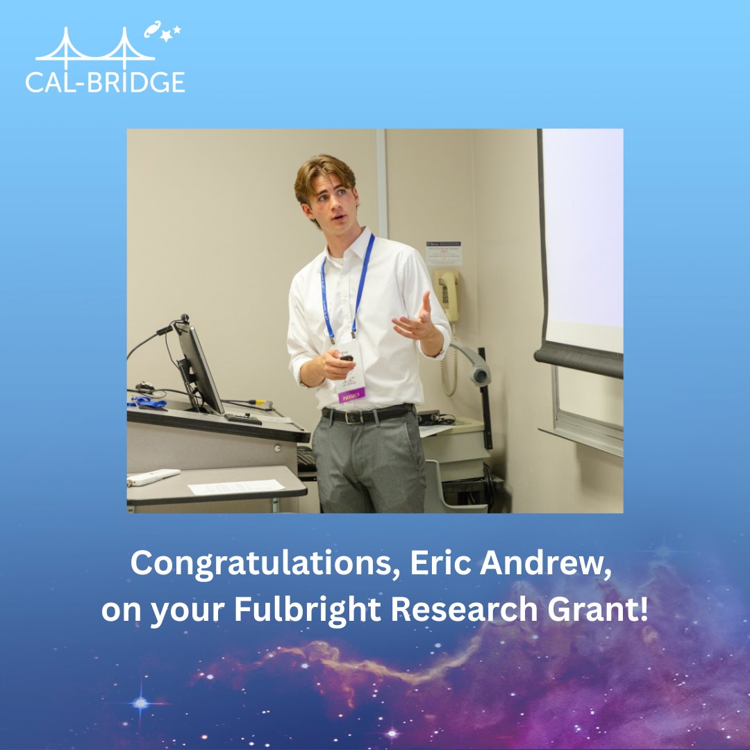 cal_bridge's tweet image. Congratulations to Eric Andrew, Cal-Bridge undergraduate program alum, who was awarded a Fulbright Research Grant. Eric will be moving to Germany to conduct research at the Max Planck Institute for Plasma Physics this Fall.