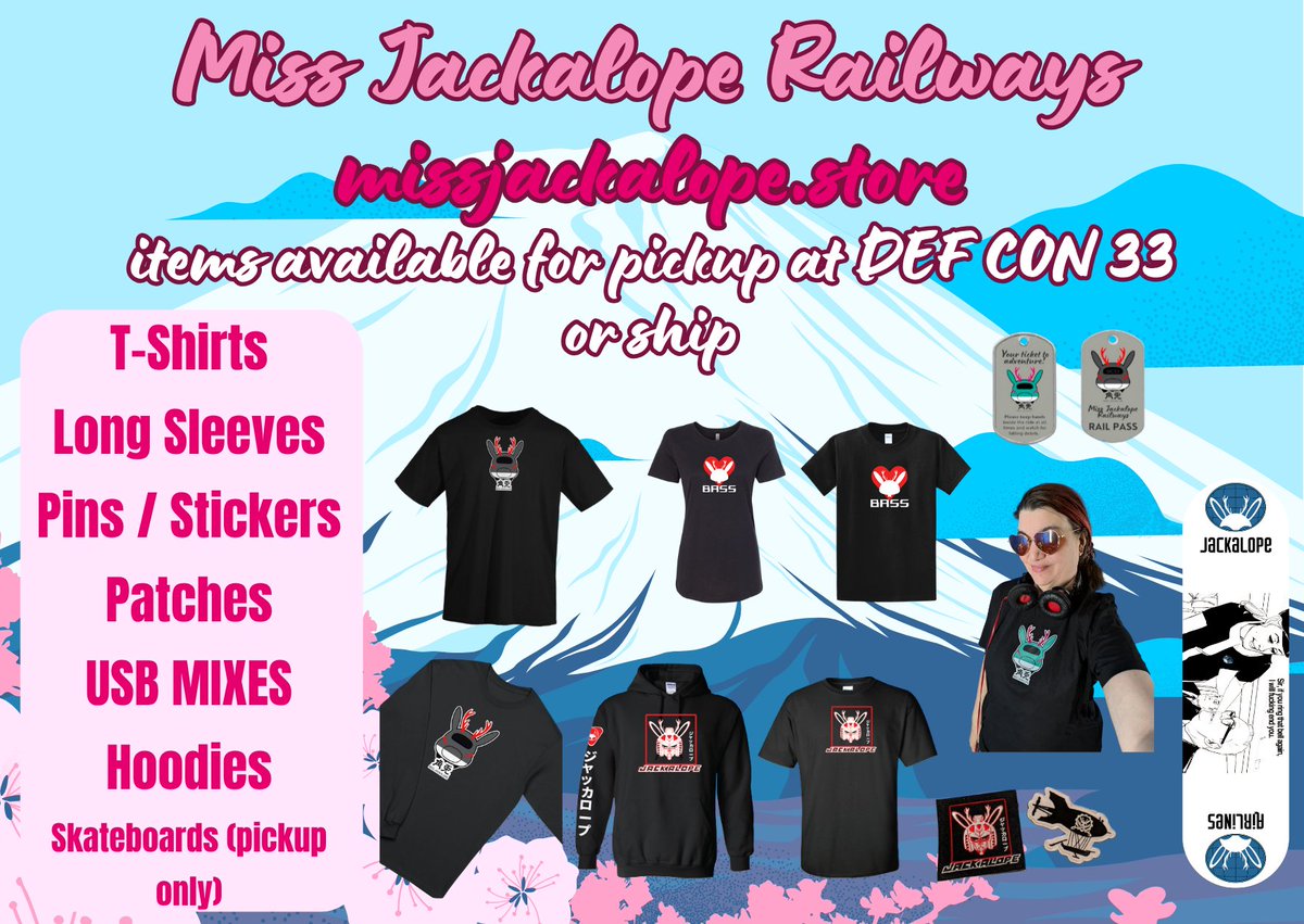 djjackalope's tweet image. missjackalope.store #DEFCON 33 preorders and USA shipped orders are now live! If you see anything goofy with the website lmk. (Note USB/Skateboard orders will be held until I have those in hand or with USBs, until #DC33 opens.)
#missjackalope #jackalope #gundam #shinkansen