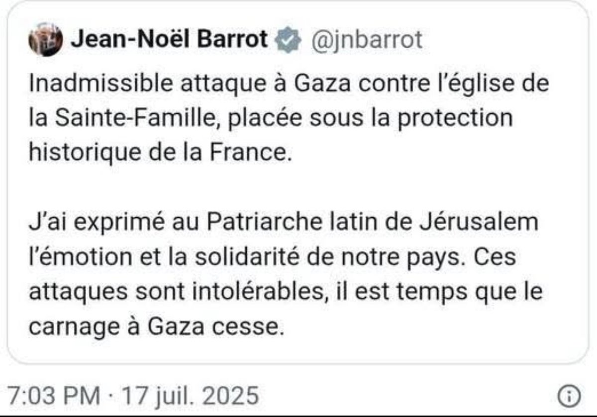 R_DeCastelnau's tweet image. L’enquête progresse.
Après le bombardement de l’église chrétienne de Gaza et l’assassinat des deux paroissiens qui y priaient, on se demande encore qui a pu bien faire le coup.
Barrot notre glorieux MAE parle « d’attaque ». De qui ? D’Andorre ? Des extraterrestres ? On n’en saura…