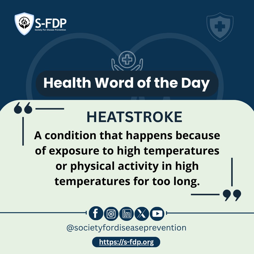 disease_society's tweet image. Heatstroke occurs when the body's temperature exceeds 40°C. It can damage the brain, heart, kidneys, and muscles. The symptoms are confusion, nausea, rapid pulse, and hot dry skin.
To stay safe, drink water, wear light clothes, and take breaks in the shade when you are outdoors.