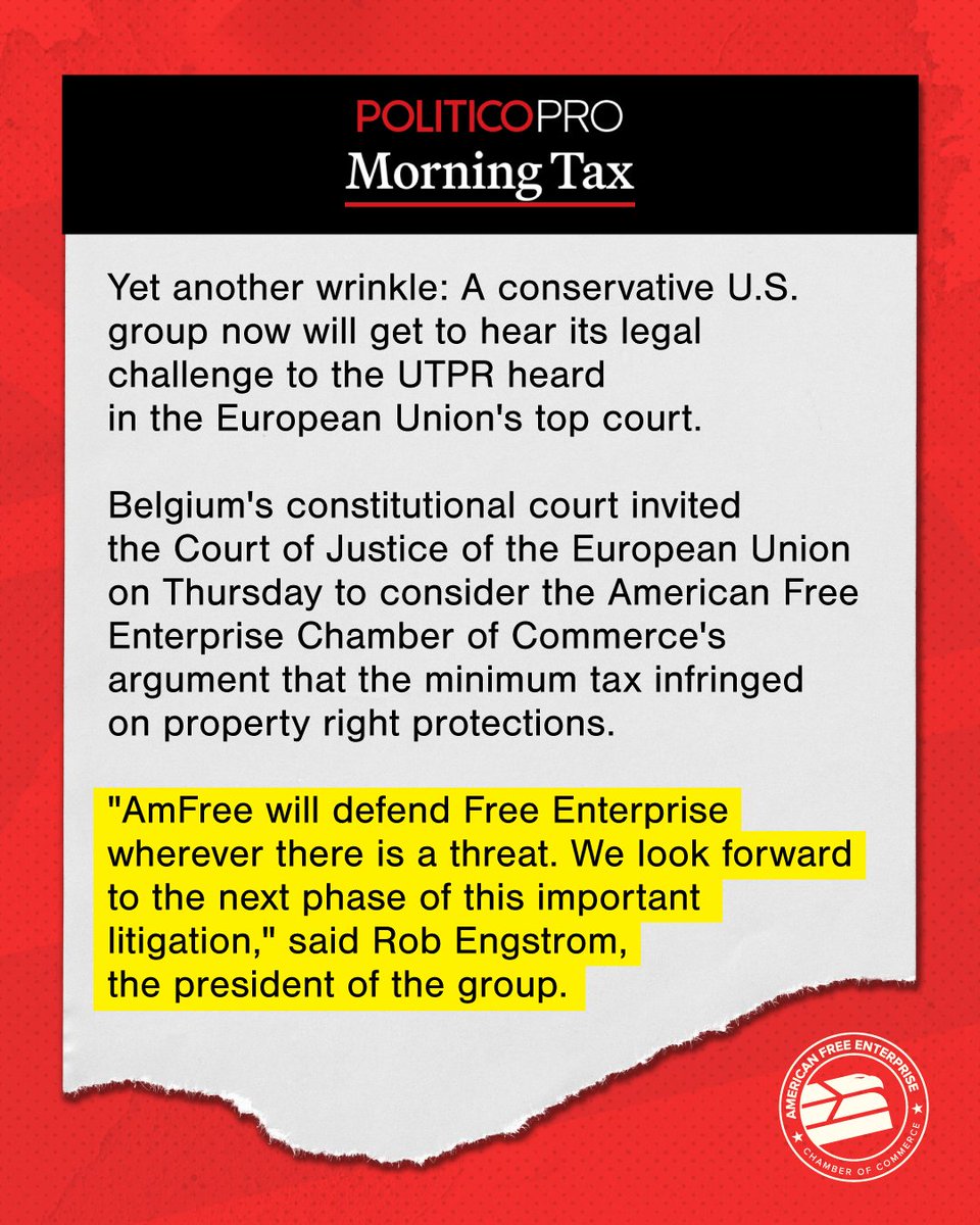 American Free Enterprise (@amfreechamber) on Twitter photo ICYMI: <a href="/POLITICOPro/">POLITICO Pro</a>'s <a href="/berniebecker3/">Bernie Becker</a> included our major win in challenging Pillar 2 in <a href="/Morning_Tax/">Morning Tax</a> ✅
We'll never back down from defending American businesses. <a href="/RobEngstrom/">Rob Engstrom</a> ICYMI: <a href="/POLITICOPro/">POLITICO Pro</a>'s <a href="/berniebecker3/">Bernie Becker</a> included our major win in challenging Pillar 2 in <a href="/Morning_Tax/">Morning Tax</a> ✅
We'll never back down from defending American businesses. <a href="/RobEngstrom/">Rob Engstrom</a>