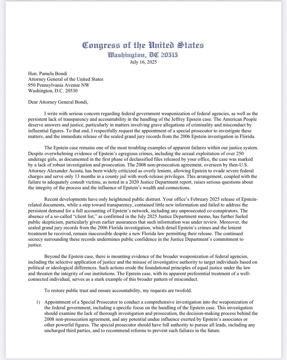 RepScottPerry's tweet image. Weaponization of the federal government. Epstein. Enough is enough. My request to the Attorney General here:
