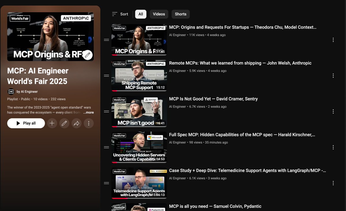 aiDotEngineer's tweet image. 🆕 Releasing the entire MCP track!
We curated the best talks and must-know topics in the MCP world from 1H 2025:
- @chu_onthis, Anthropic: MCP's Origins + Startups
- John Welsh, Anthropic: shipping Remote MCPs
- @altryne (W&B) + @bhelx (Dylibso): Observable .tools for MCP
-…