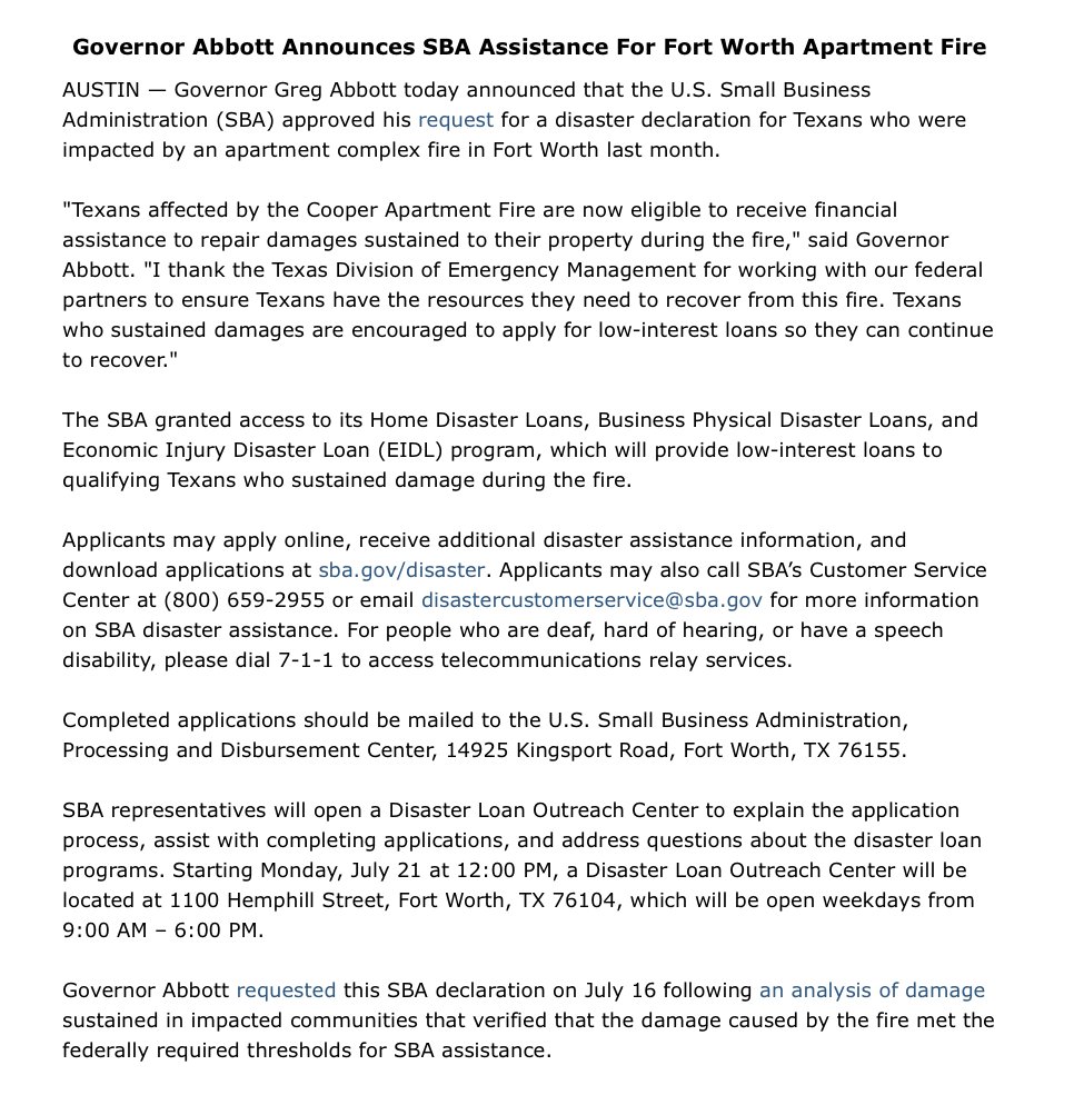 GovAbbottPress's tweet image. Governor @GregAbbott_TX today announced @SBAgov approved his request for a disaster declaration following last month’s Fort Worth apartment fire.
Texans impacted by the fire can now apply for low-interest loans to repair damages and recover.
More: bit.ly/4f6g9ze