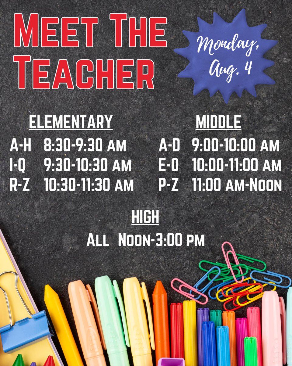 Coming soon! Students and parents may meet their teachers for 2025-26 on Monday, Aug. 4. The first day of school is scheduled for Wednesday, Aug. 6. Please visit our back to school website for more information, including school supplies. #OconeeFamily

oconeeschools.org/bts2526