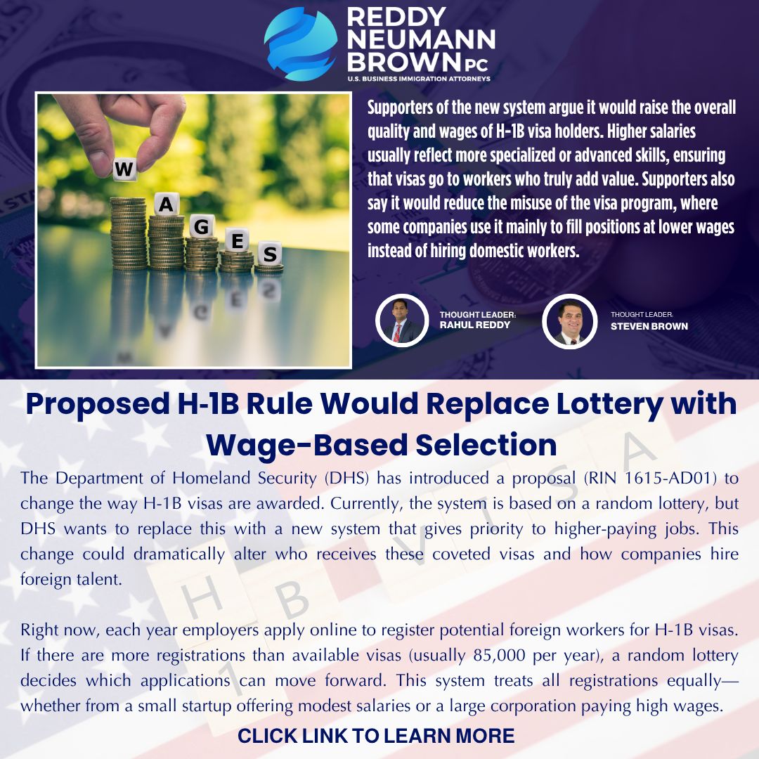 rnlawgroup's tweet image. Big changes may be coming to the H-1B visa process—will your salary decide your chances?
A new DHS proposal would scrap the random H-1B lottery in favor of wage-based selection, giving priority to higher-paying jobs. This could reshape how companies hire foreign talent and who…