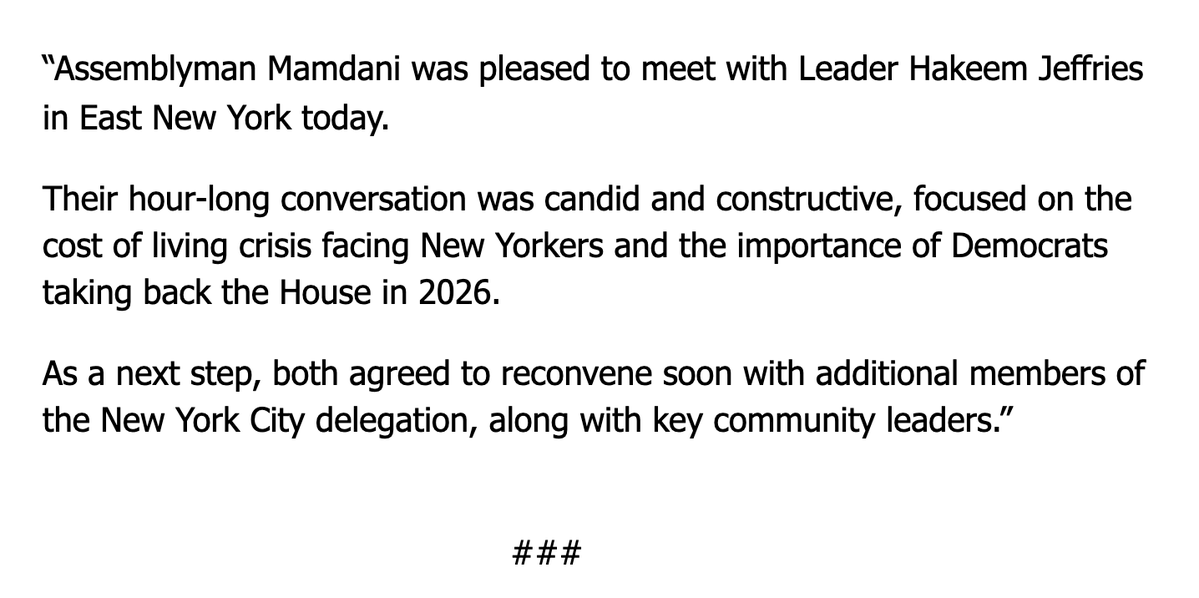 Estarkmiller's tweet image. Brief @ZohranKMamdani campaign statement on his hour-long meeting with House Minority Leader Hakeem Jeffries in East New York today.