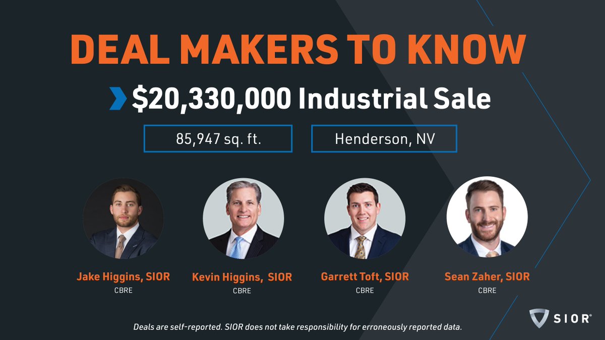 SIORglobal's tweet image. SIORs team up, deals take off! Shout out to Jake Higgins, SIOR; Kevin Higgins, SIOR; Garrett Toft, SIOR; & Sean Zaher, SIOR, on landing a $20.3M industrial sale in Henderson, NV, and the top #industrial deal of the week.
Submit your deals to be featured! hubs.ly/Q03xWF0F0