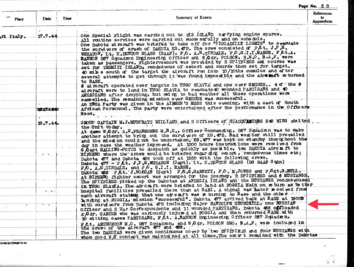 Npteggchaser's tweet image. #OTD 1944,my great uncles unit, 267 Pegasus Sqd & his aircraft, KG477,was to pick up the injured Randolph Churchill, Evelyn Waugh, Philip Jordan & others, after their aircraft crashed on the island of Vis,from a meeting with Tito for the Maclean Mission. Crew & 6 others were KIA.