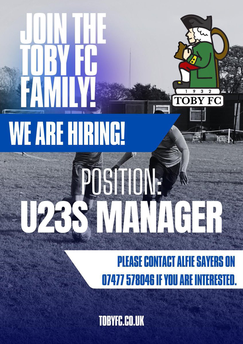 FreeAgentsFC's tweet image. VACANCY: Toby FC u23’s Manager

Existing team already in place, ready for someone to take the reigns. 

• 4G training facility 🥅 
• Home games in Billericay, Essex 🏠 
• Pre-season games already booked ✅

Contact the number below if interested 📞