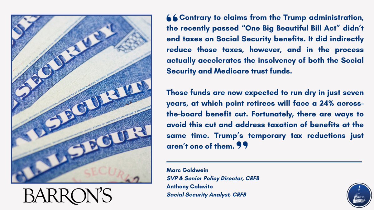 BudgetHawks's tweet image. 📰NEW in @barronsonline: CRFB's @MarcGoldwein and @AColavi explain that OBBBA didn't end taxes on Social Security benefits – but it did indirectly accelerate insolvency of its trust fund, leading to sooner cuts.
"Fortunately, there are ways to avoid this cut and address taxation…