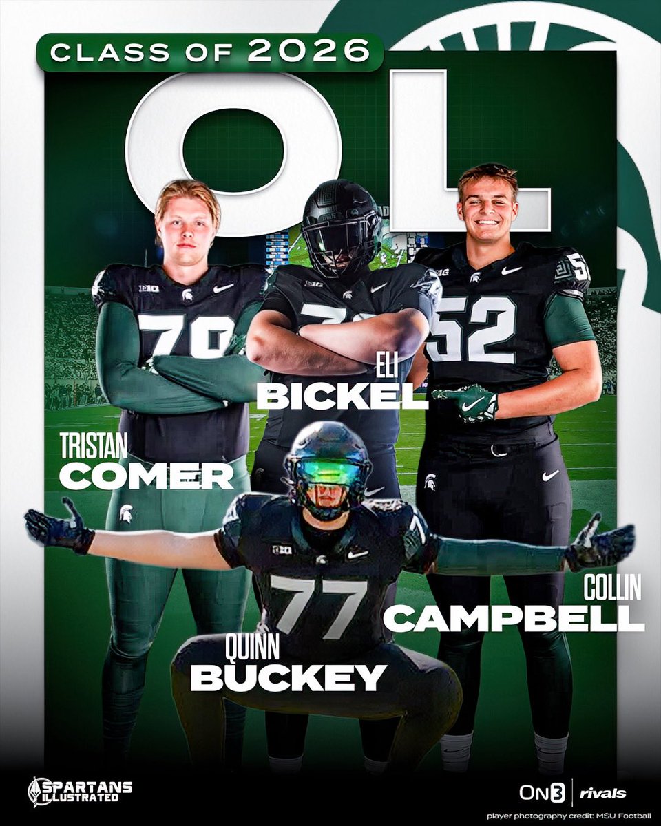 Spartans Illustrated (@spartansrivals) on Twitter photo Michigan State’s 2026 offensive line class is strong, with four commits (thus far): <a href="/Quinnbuckey/">Quinn Buckey</a>, <a href="/eli_bickel_26/">Eli Bickel</a>, <a href="/CollinCamp47601/">Collin Campbell</a> and <a href="/comer_tristan/">Tristan Comer ⭐️⭐️⭐️</a>.
Campbell and Bickel are Rivals300 prospects, while Buckey and Comer are also coveted recruits: on3.com/sites/spartans… Michigan State’s 2026 offensive line class is strong, with four commits (thus far): <a href="/Quinnbuckey/">Quinn Buckey</a>, <a href="/eli_bickel_26/">Eli Bickel</a>, <a href="/CollinCamp47601/">Collin Campbell</a> and <a href="/comer_tristan/">Tristan Comer ⭐️⭐️⭐️</a>.
Campbell and Bickel are Rivals300 prospects, while Buckey and Comer are also coveted recruits: on3.com/sites/spartans…