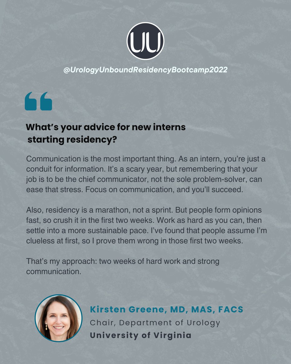 UrologyUnbound's tweet image. ✨New month, new start for urology interns!
👩⚕️At the 2022 Urology Unbound Residency Bootcamp, Dr. @KGUROmd of @uvaurology shared key tips for starting residency strong.
🎥 UU members: Watch the full session at urologyunbound.org
@rfrankjones_uro @SWIUorg @sufuorg @SNMA