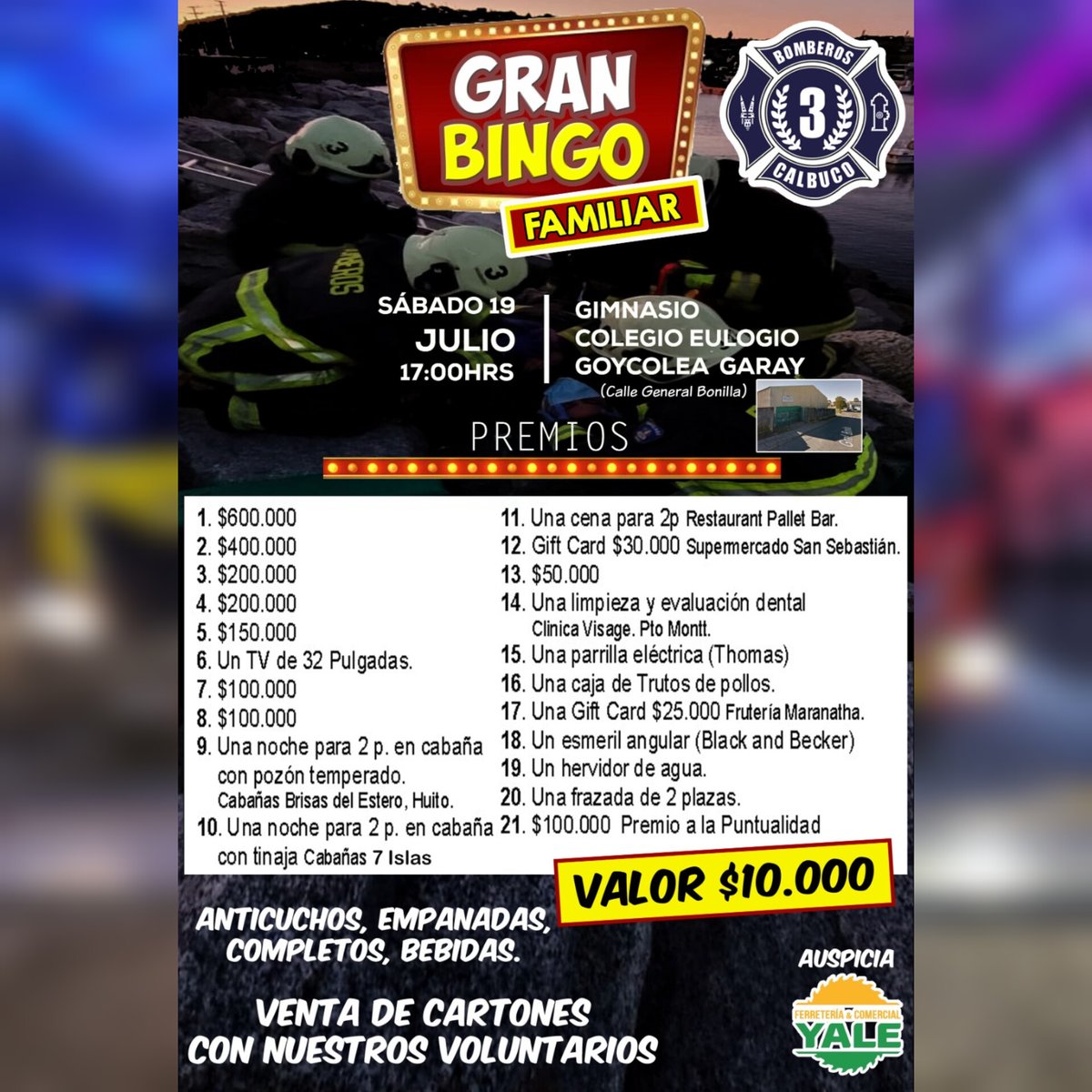 Sábado 19 Gran Bingo Tercera Compañía de Bomberos #Calbuco desde las 17:00 hrs. 

#puertomontt #puertovaras #bomberos <a href="/biobio/">BioBioChile</a> <a href="/CalbucoNoticia/">CalbucoNoticias</a> <a href="/CalbucoRadio/">Radio Calbuco</a> <a href="/CalbucoBomberos/">Bomberos Calbuco</a>