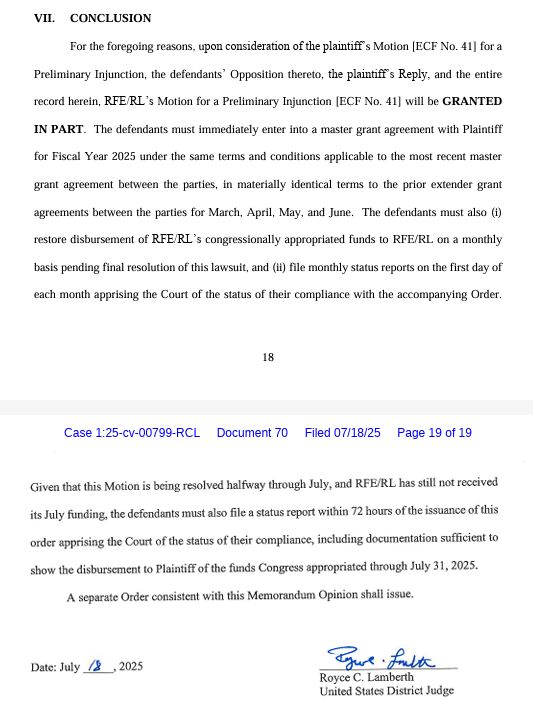 ZoeTillman's tweet image. DC fed judge entered a prelim. injunction to keep $ flowing to Radio Free Europe/Radio Liberty for FY25, with a footnote that the rescission package Congress approved today undercut the govt, showing Trump admin understands "the proper procedure for clawing back appropriated…