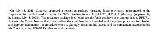 ZoeTillman's tweet image. DC fed judge entered a prelim. injunction to keep $ flowing to Radio Free Europe/Radio Liberty for FY25, with a footnote that the rescission package Congress approved today undercut the govt, showing Trump admin understands "the proper procedure for clawing back appropriated…