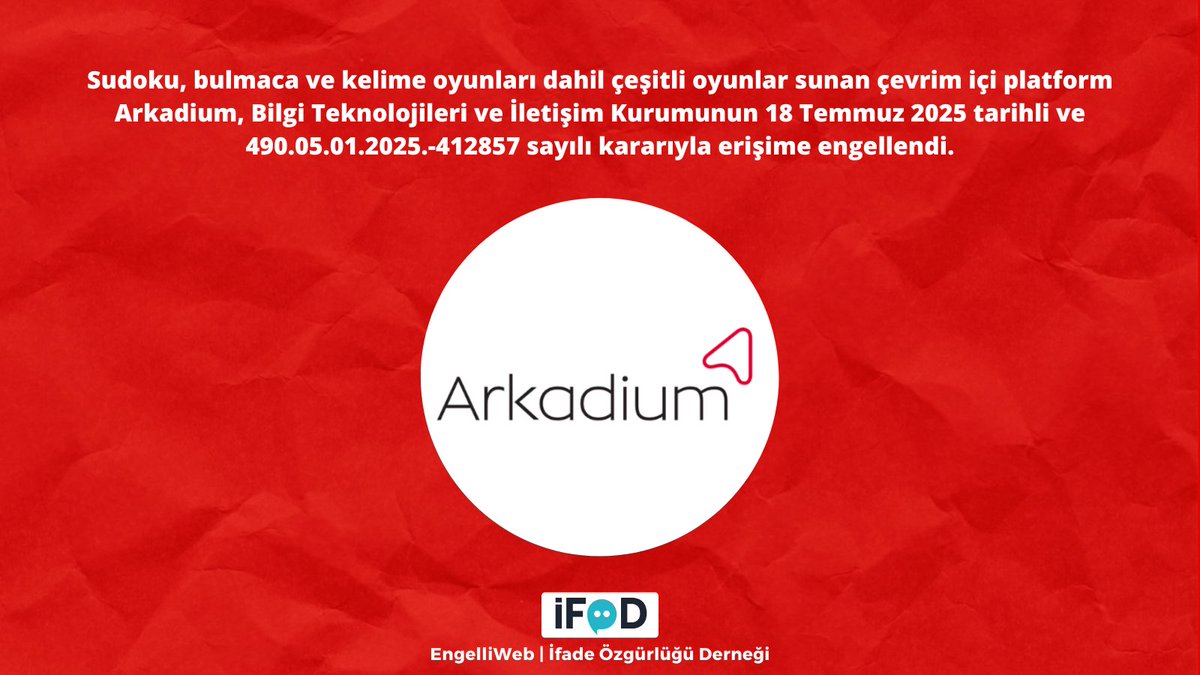 engelliweb's tweet image. Sudoku, bulmaca ve kelime oyunları dahil çeşitli oyunlar sunan çevrim içi platform Arkadium, Bilgi Teknolojileri ve İletişim Kurumunun 18 Temmuz 2025 tarihli ve 490.05.01.2025.-412857 sayılı kararıyla erişime engellendi. ifade.org.tr/engelliweb/oyu…