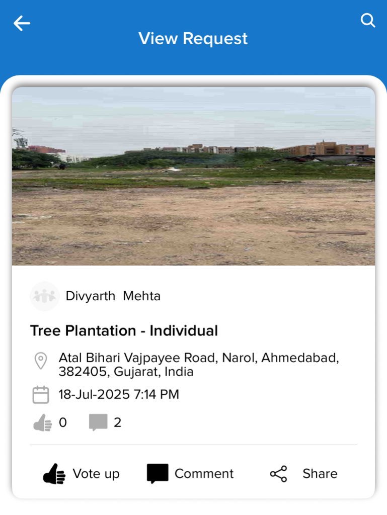 mdivyarth's tweet photo. @AmctmTrees @PMOIndia @CMOGuj @PratibhaJainBJP @PIBAhmedabad @InfoGujarat @infoahdgog @AmdavadAMC Requested for TREE plantation through AMC Seva App in an AMC open plot near Atal Bihari Vajpayee chowk, Narol. https://t.co/jcVBU15i47