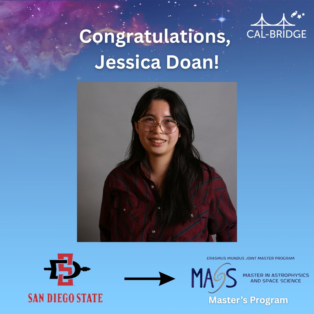 cal_bridge's tweet image. Jessica Doan, a San Diego State Physics &amp;amp; Astronomy student, has been awarded an Erasmus Mundu Joint Master (EMJM) scholarship to support her participation in the Master in Astrophysics and Space Science Program. Congratulations, Jessica! 🎓 @calstate @SDSU