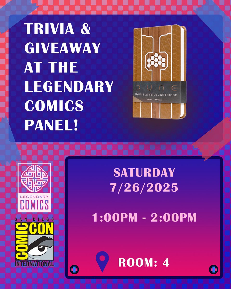 LegendaryComics's tweet image. Brush up on your #Dune and #Monsterverse knowledge and join our Legendary Comics panel for trivia! Answer a question correctly and win a deluxe embossed hardcover Dune notebook!
The Legendary Comics panel will be in Room 4 on Saturday 7/26 at 1pm.
#sdcc