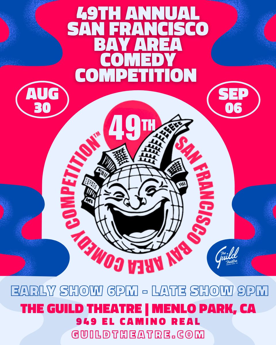 GuildTheatre's tweet image. JUST ANNOUNCED! ๐ Catch the 49th Annual @sfcomedycompeti's preliminary rounds on AUG 30 + SEPT 6. There will be 16 completely different acts for both shows. Don't miss out, buy tix now!
๐๏ธ >> guildtheatre.com
Early Show 6PM // Late Show 9PM