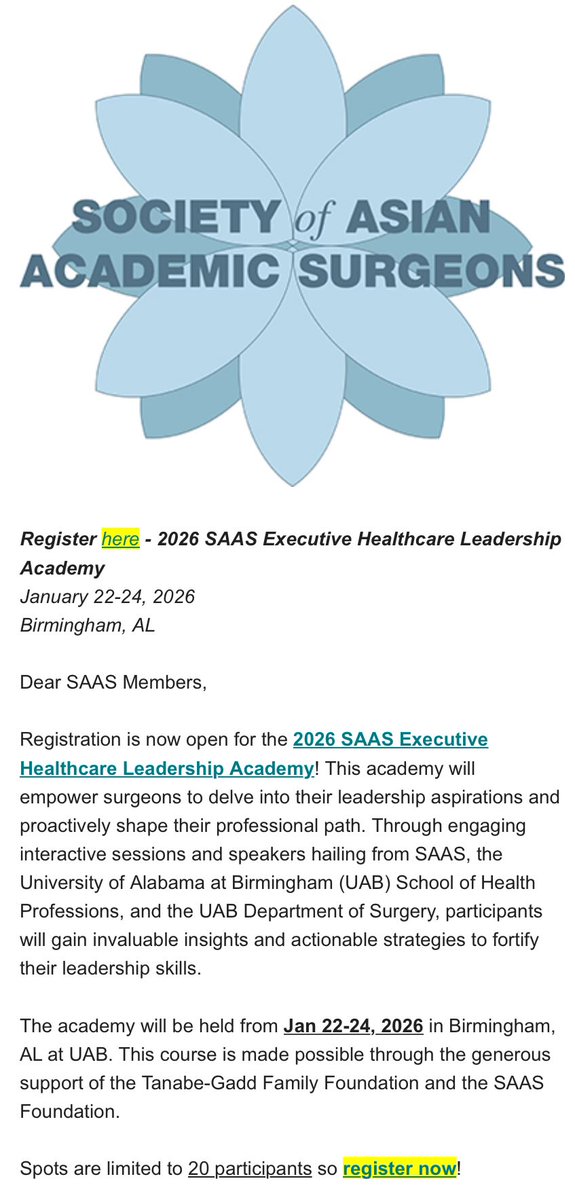 DrJashDatta's tweet image. Making a plug for 2026 @AsianAcadSurg Executive Healthcare Leadership Academy, designed for aspiring leaders in academic surgery. Having taken it last yr, it was a outstanding hands-on framework to understand leadership & financial fundamentals. Register👉🏽 uab.edu/medicine/surge…