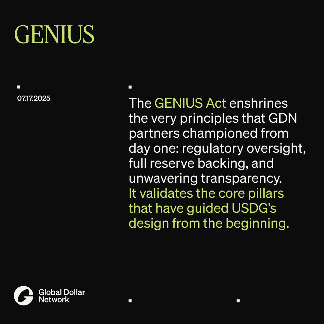 global_dollar's tweet image. With the GENIUS Act in place, GDN is uniquely positioned to capitalize on this pivotal moment with a compliant, partner-focused stablecoin infrastructure ready for global deployment.