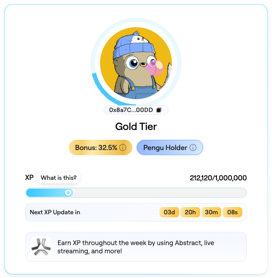 saikai_eth's tweet image. friendly reminder if you&apos;ve not bridged your pengu to your AGW, bridge them now. if you&apos;ve not bought pengu, it&apos;s not too late!

lately I haven&apos;t had time to dabble in the games or apps on Abstract, but my bag of pengu are still stacking at least 15k XP each week, and now…