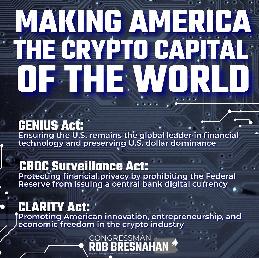Congressman Rob Bresnahan Jr. (@repbresnahan) on Twitter photo As the digital asset market evolves, it's critical we have regulations set in place while preserving the U.S. dollar and financial privacy. That's why we passed three crypto bills to provide regulatory clarity for digital assets like cryptocurrency and protect American consumers. As the digital asset market evolves, it's critical we have regulations set in place while preserving the U.S. dollar and financial privacy. That's why we passed three crypto bills to provide regulatory clarity for digital assets like cryptocurrency and protect American consumers.