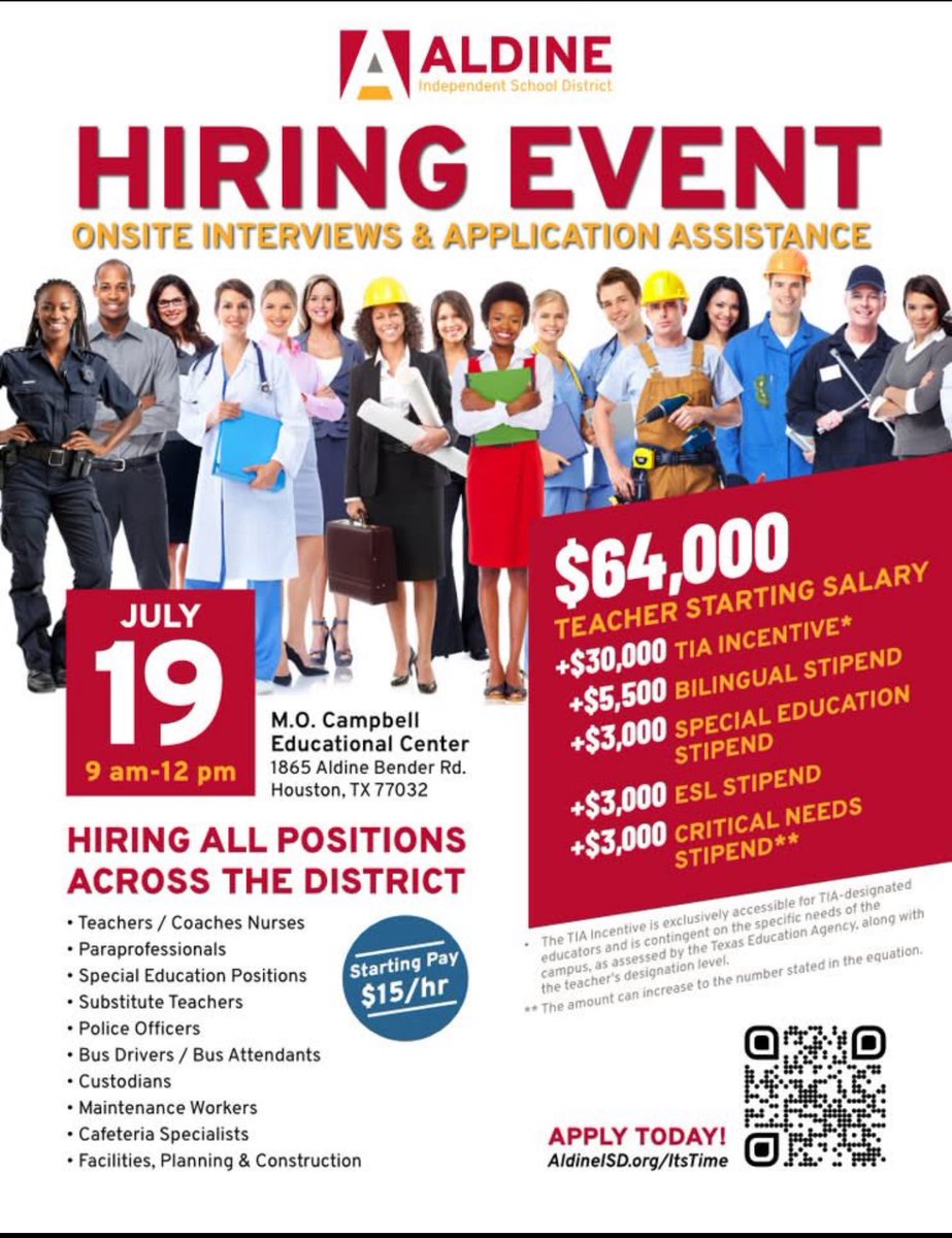 RMinjares (@rmminjares) on Twitter photo <a href="/AldineISD/">Aldine ISD</a> is having a District-Wide Hiring Event at M.O. Campbell Education Center tomorrow, Saturday, July 19th from 9:00 am to Noon! See you there! #Aldineimpact <a href="/ScottCorrick/">Scott Corrick</a> <a href="/AldineHR/">Aldine HR</a> <a href="/RubyJAllen/">Ruby</a> <a href="/AldineISD/">Aldine ISD</a> is having a District-Wide Hiring Event at M.O. Campbell Education Center tomorrow, Saturday, July 19th from 9:00 am to Noon! See you there! #Aldineimpact <a href="/ScottCorrick/">Scott Corrick</a> <a href="/AldineHR/">Aldine HR</a> <a href="/RubyJAllen/">Ruby</a>