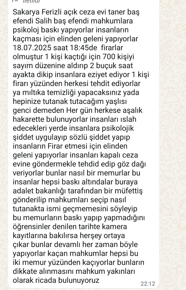 Cezaevleri ıslah amaçlı kurulmadımı?
Yönetim mahkumları ıslah etmek yerine daha çok suç işlemelerine
Sebeb oluyorlar. Bu konuda lütfen cezaevlerine denetmen gönderin bu denetmenlerin yanında STK'larda olsun. <a href="/ctekurumsal/">Ceza ve Tevkifevleri Genel Müdürlüğü</a> <a href="/yilmaztunc/">Yılmaz TUNÇ</a>
MAHKUM VE YAKINLARINDAN
GELENLER 👇