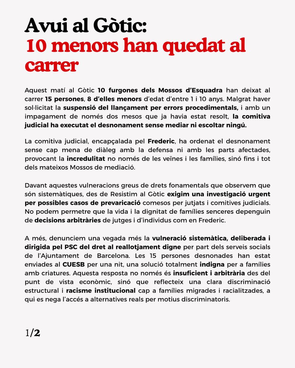 resistimalgotic's tweet image. 🚨COMUNICAT
10 menors desnonats en un dia al Gòtic.