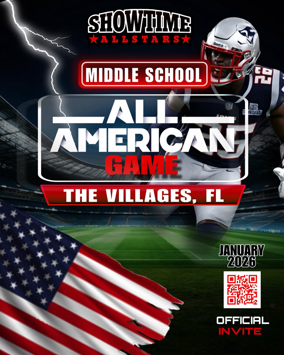 Showtime12u's tweet photo. 🚨 COMING JANUARY 2026 🚨
The Showtime All-Stars Middle School All-American Game is headed to The Villages, Florida! 🌴🏈

🔥 Invite-Only Event
🔥 Top 6th, 7th &amp; 8th Graders
🔥 Live Streamed Games
🔥 National Media Coverage
🔥 Coached by Former NFL &amp; College Players https://t.co/FIvXtp3GOS