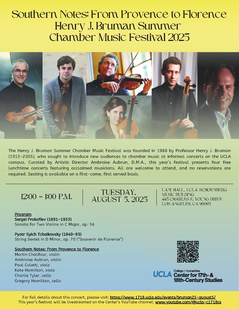 ucla1718cs's tweet image. On August 5 the Henry J. Bruman Summer Chamber Music Festival presents a recital featuring Martin Chalifour and friends. Livestreamed & in person in Lani Hall at UCLA, free and open to the public; no registration required. Full details: 1718.ucla.edu/events/bruman2…