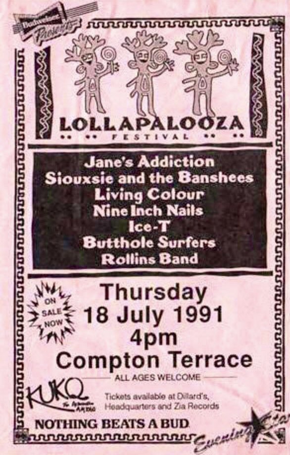 JakeRudh's tweet image. On this day in 1991, the very first Lollapalooza was held in Chandler, Arizona at Compton Terrace.
The lineup included Jane’s Addiction, Siouxsie and the Banshees, Living Colour, Nine Inch Nails, Ice-T, Butthole Surfers and Rollins Band.