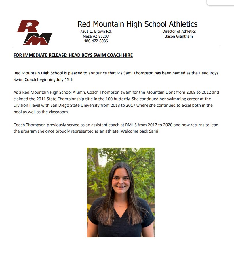 RMAthletics's tweet image. Congratulations to Coach Sami Thompson for being names the new Boys Head Swim Coach for Red Mtn.