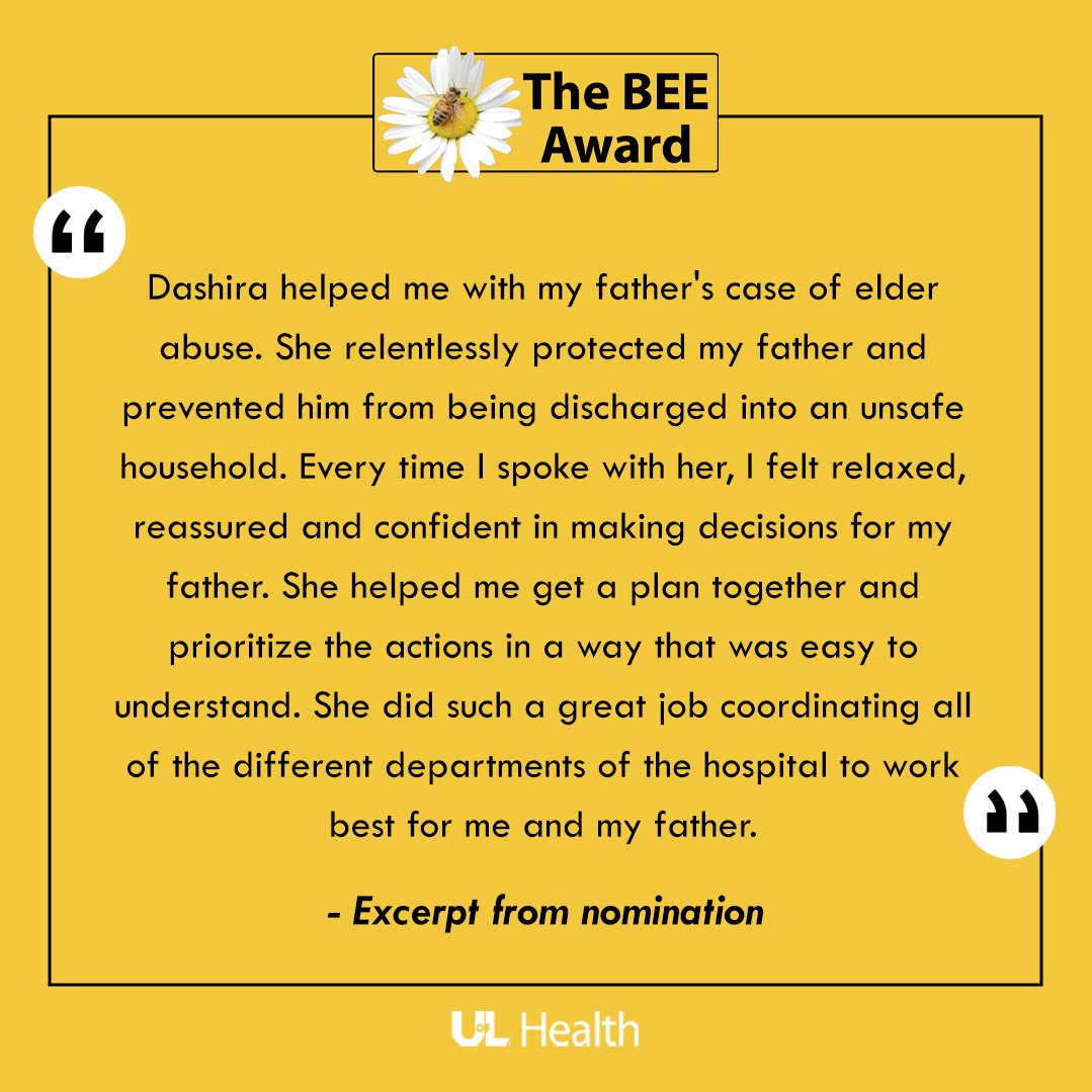 UofLHealth's tweet image. 🌟🐝 Join us in recognizing Jewish Hospital&apos;s recent BEE Award recipient, Dashira Griffith. Dashira, who works in case management, was nominated by the family member of a patient who spent nearly three weeks in the hospital.

The nominator described Dashira as “an asset to the…