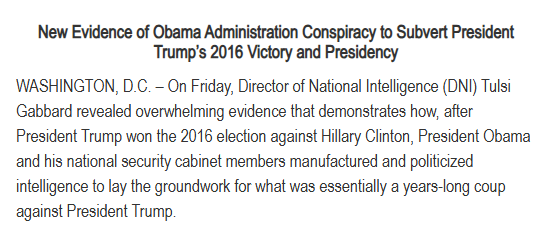 Their goal was to usurp President Trump and subvert the will of the American people.

No matter how powerful, every person involved in this conspiracy must be investigated and prosecuted to the fullest extent of the law. The integrity of our democratic republic depends on it.

We