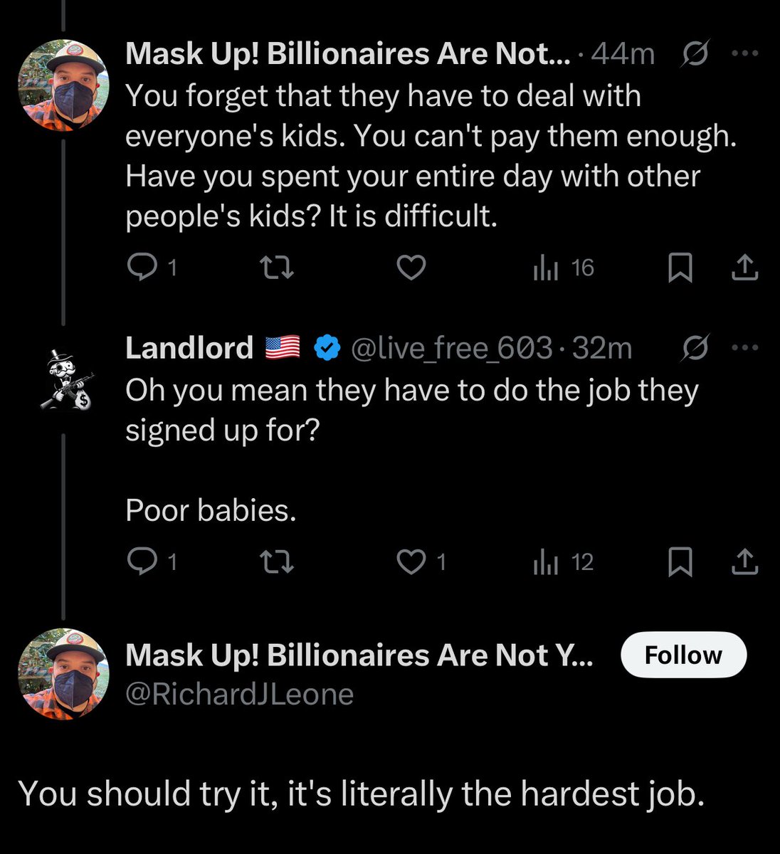 live_free_603's tweet image. This is one of the biggest spoiled rich kid takes ever.
There’s men out there that, rain, snow or shine have to:
Fix the roads
Pick up everyone’s trash
Roof houses
Climb into septic tanks/ sewer lines to fix them
Go out in blizzards to reconnect your power
Deliver your oil/…