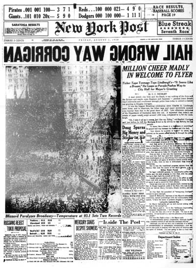 airandspace's tweet image. On this day in 1938, Douglas Corrigan earned the nickname “Wrong Way Corrigan” when he "accidentally" flew from New York to Ireland instead of New York to California.
📷: Mirrored New York Post headline about the flight